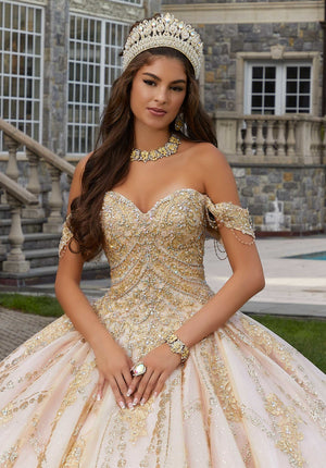 Patterned Glitter Quinceañera Dress with Chandelier Beading