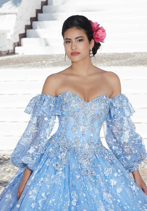 Allover Sequin Embroidered Quinceañera Dress with Three-Dimensional Floral Embroidery
