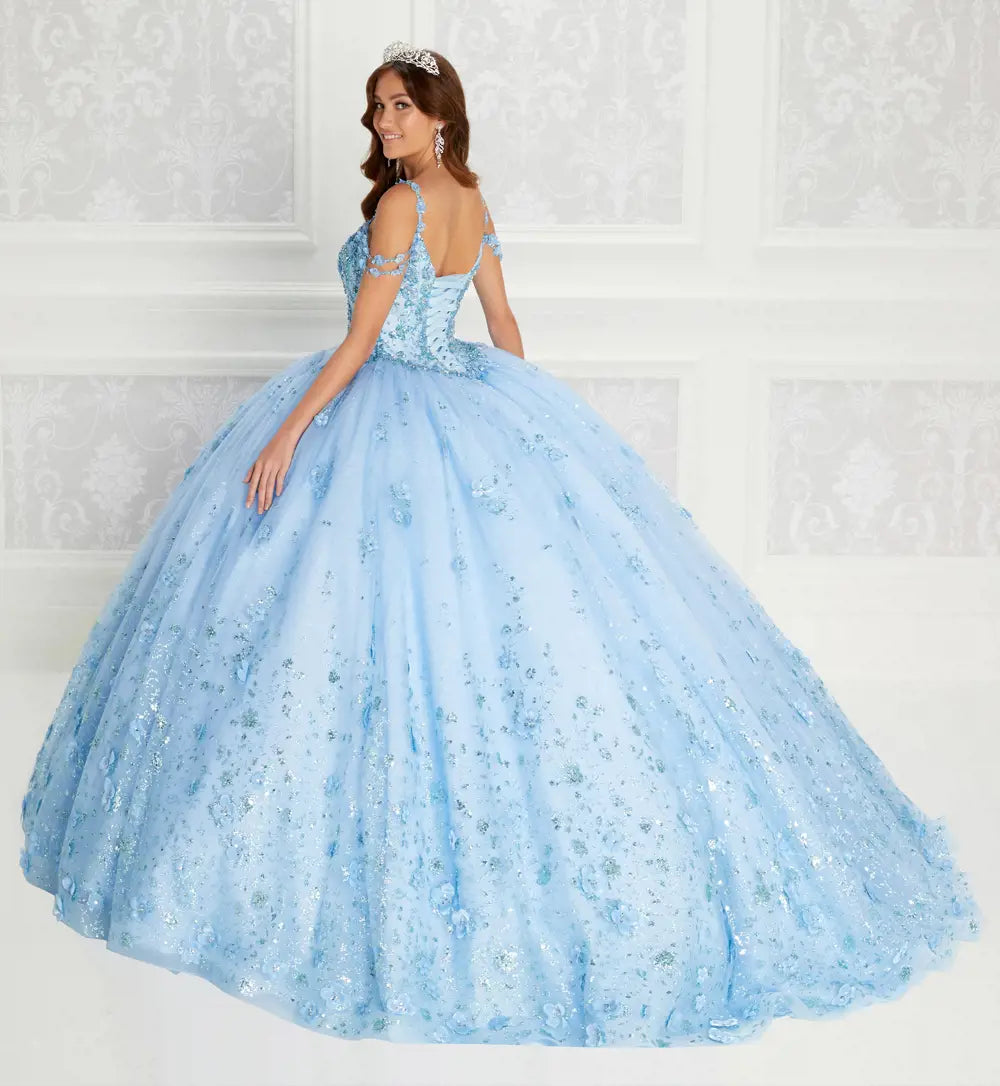 Quinceanera dress with beaded bodice and floral applique details along the hem