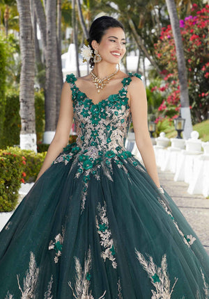 Glitter Tulle Quinceañera Dress with Three-Dimensional Floral Appliqués