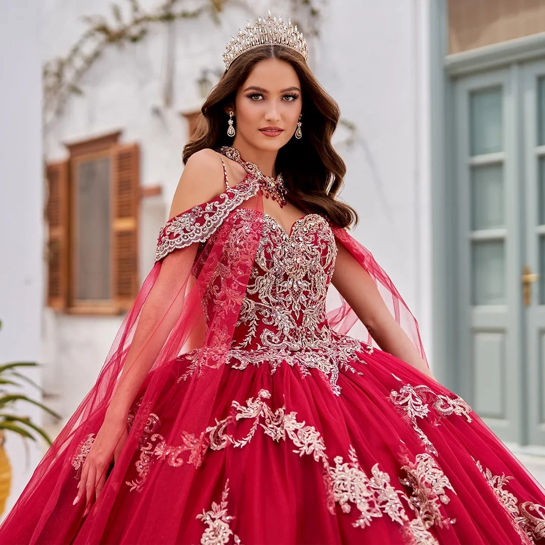 Princesa Quinceanera Dress with Embroidered Lace and Stone Accents and Matching Cape