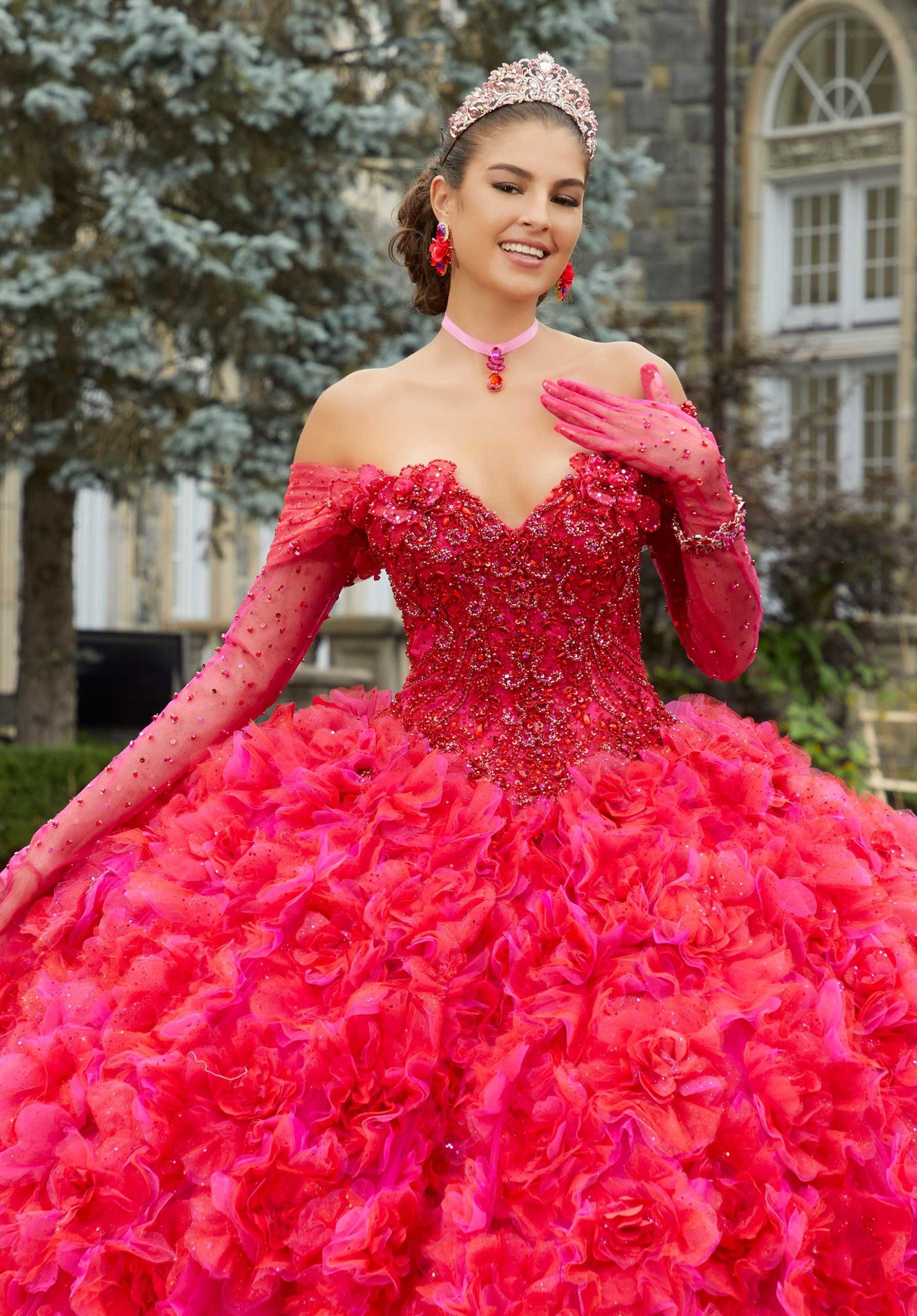 Three-Dimensional Floral Lace Quinceañera Dress with Floral Skirt