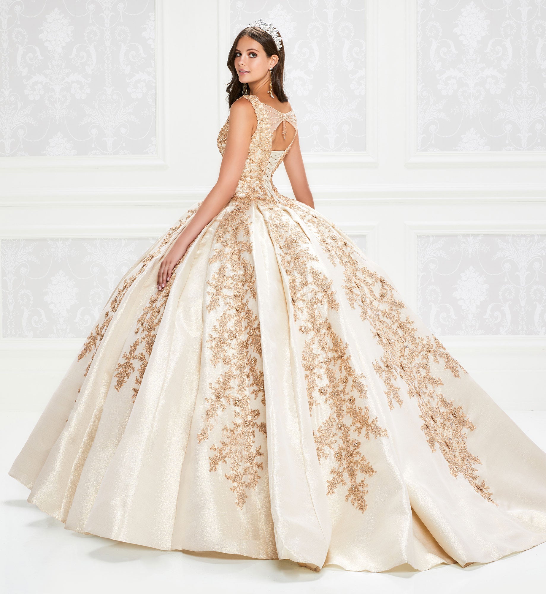 Gold quinceanera dress with lace and V-neck bodice Elegant Bride and Quinceanera Gold quinceanera dress with lace and V-neck bodice Elegant Bride and Quinceanera