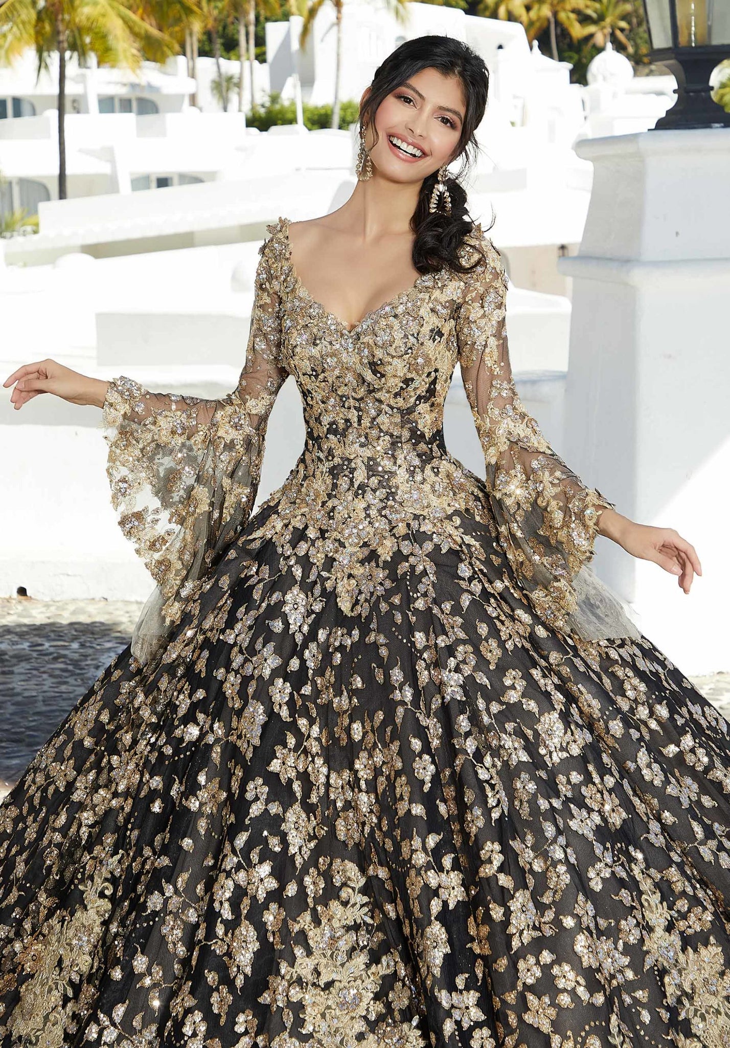 Floral Patterned Sequin Glitter Tulle Quinceañera Dress