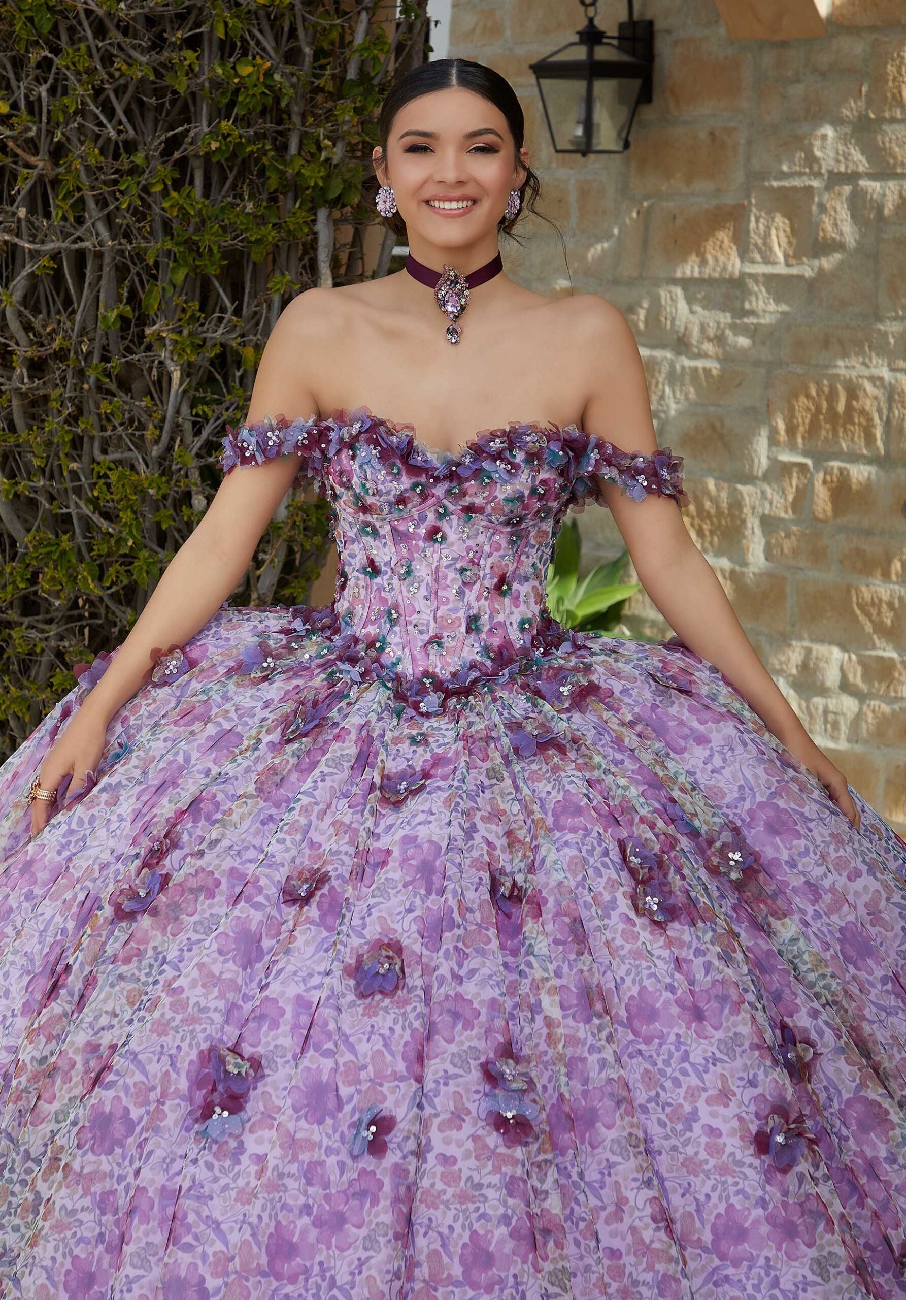 Floral Printed Quinceañra Dress with Three-Dimensional Appliqués