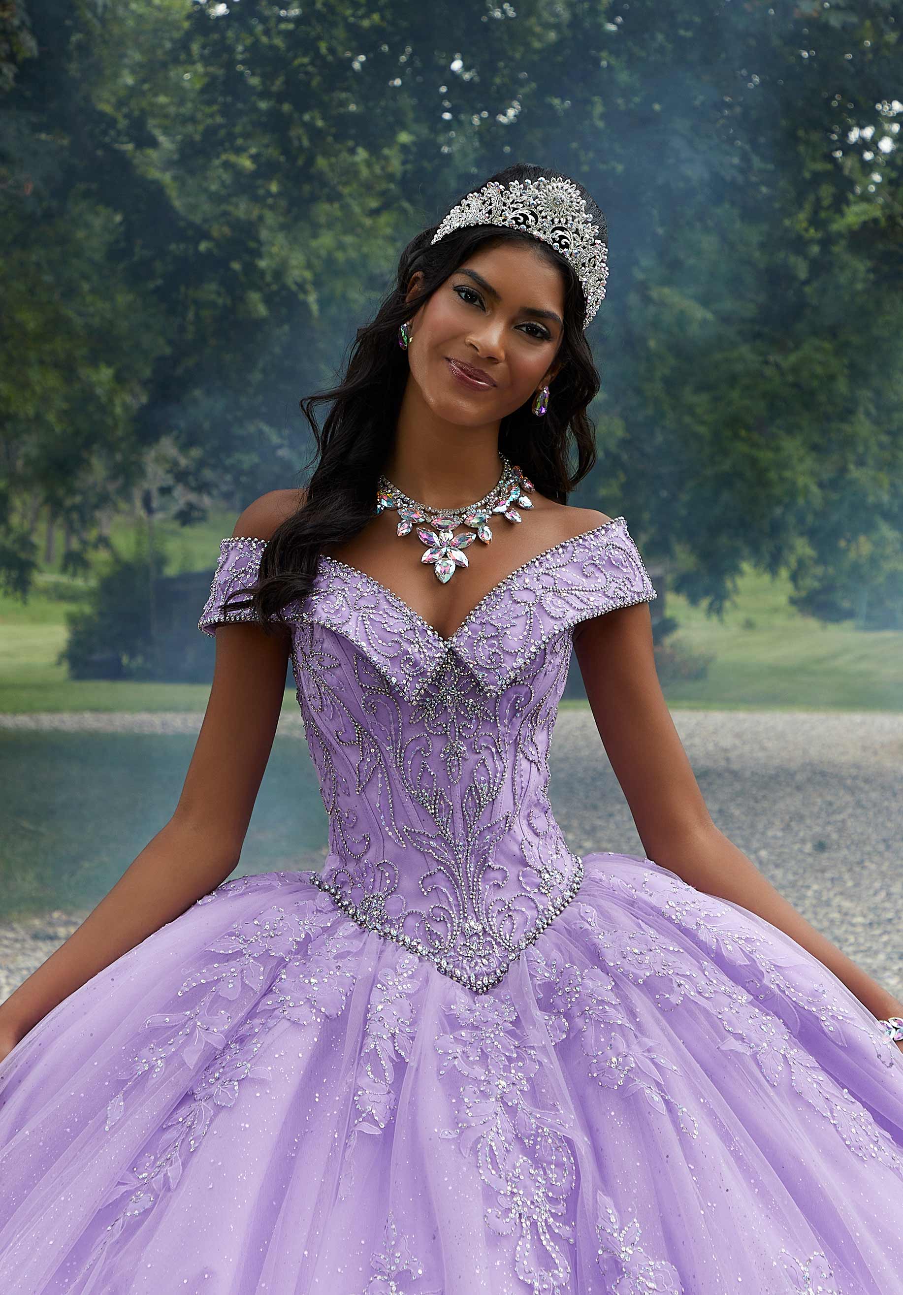 Rhinestone Quinceañera Dresds with Floral Organza Embroidery