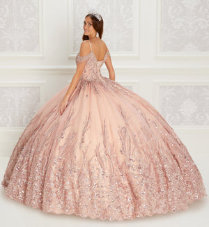 Rose gold quinceanera dress with embroidered sequin details and beaded off-the-shoulder straps