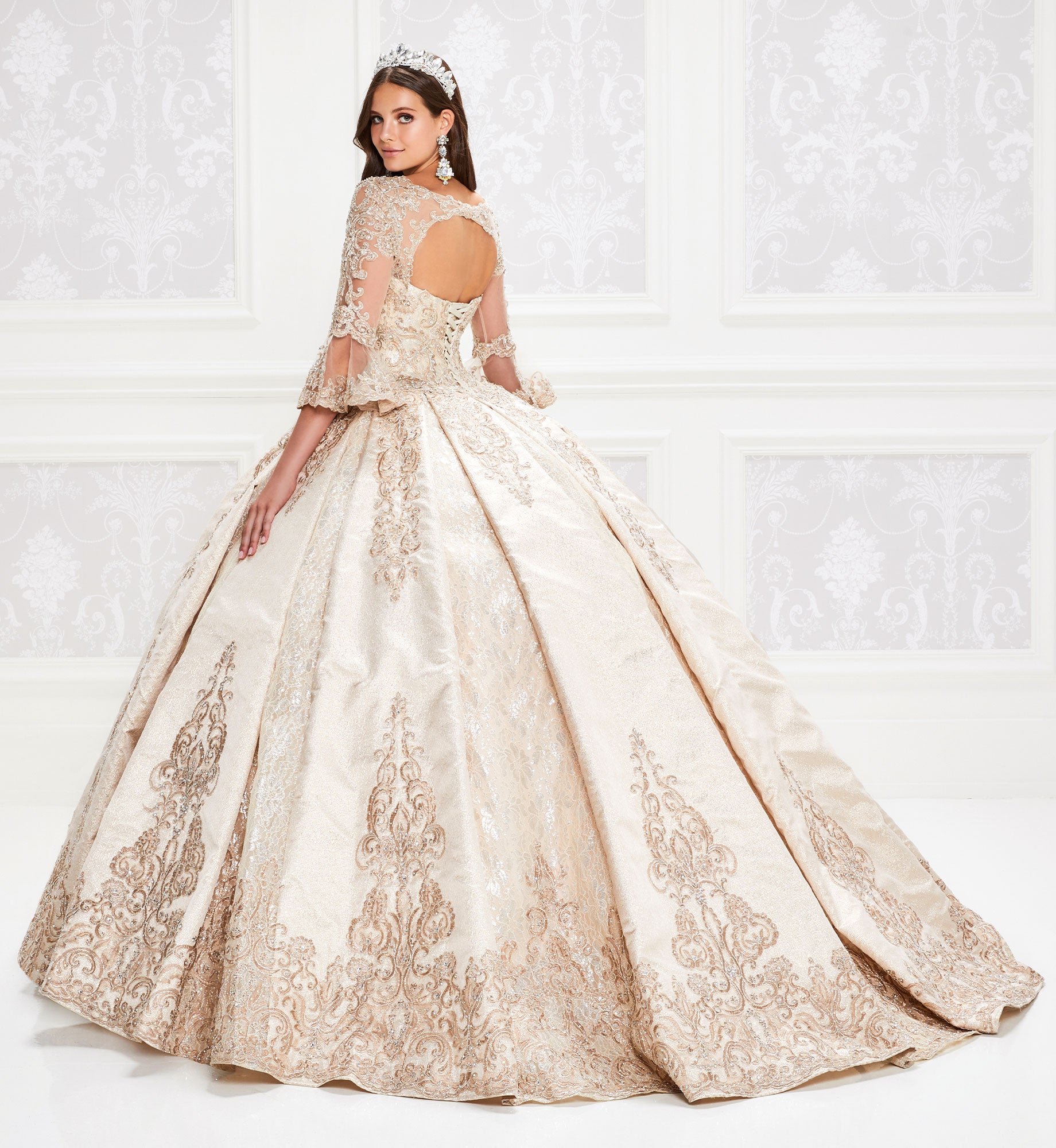 Gold quinceanera dress with 3/4-length sleeves Elegant Bride and Quinceanera Gold quinceanera dress with 3/4-length sleeves Elegant Bride and Quinceanera