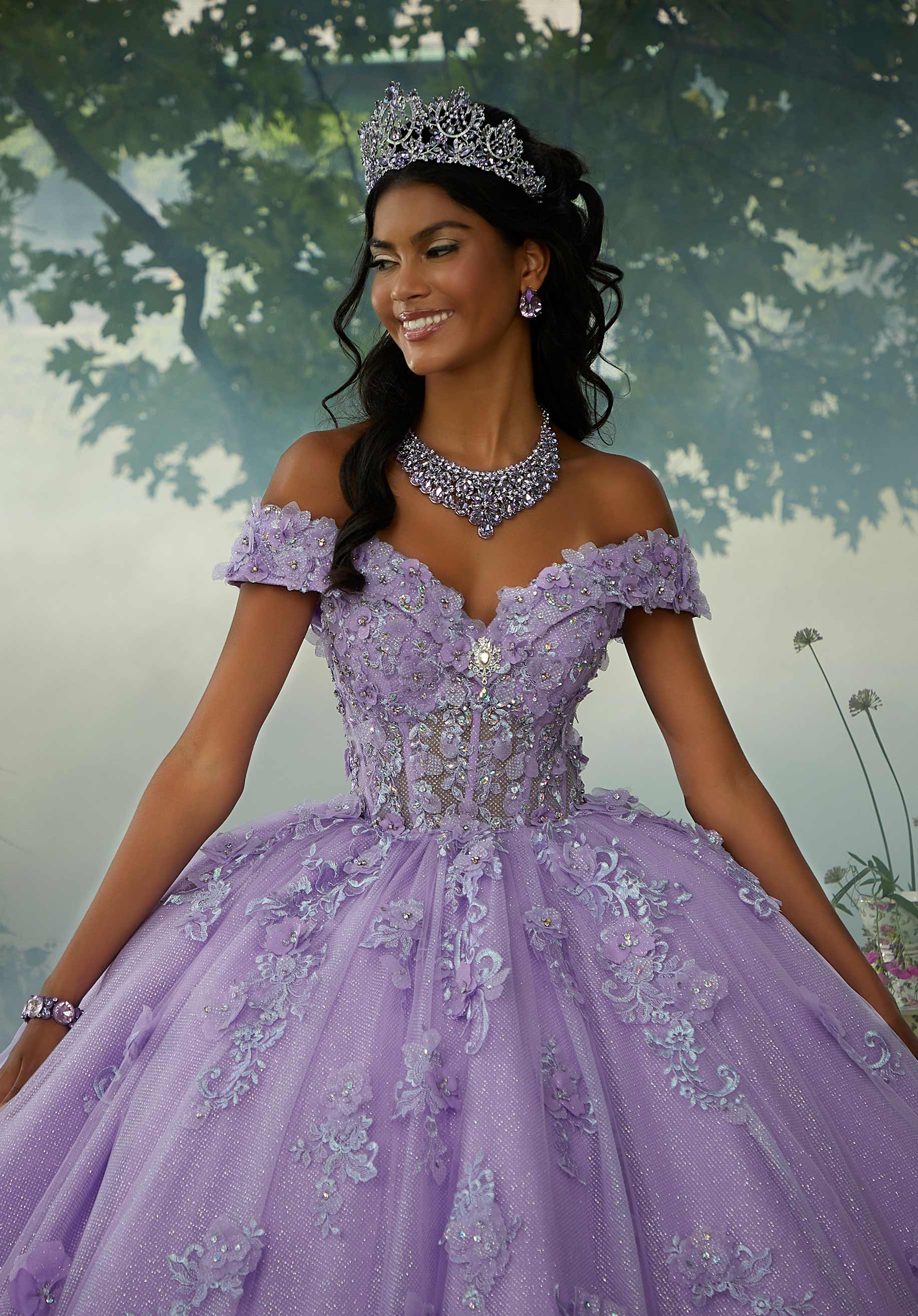 Rhinestone and Three-dimensional Floral Embroidered Quinceañera Dress