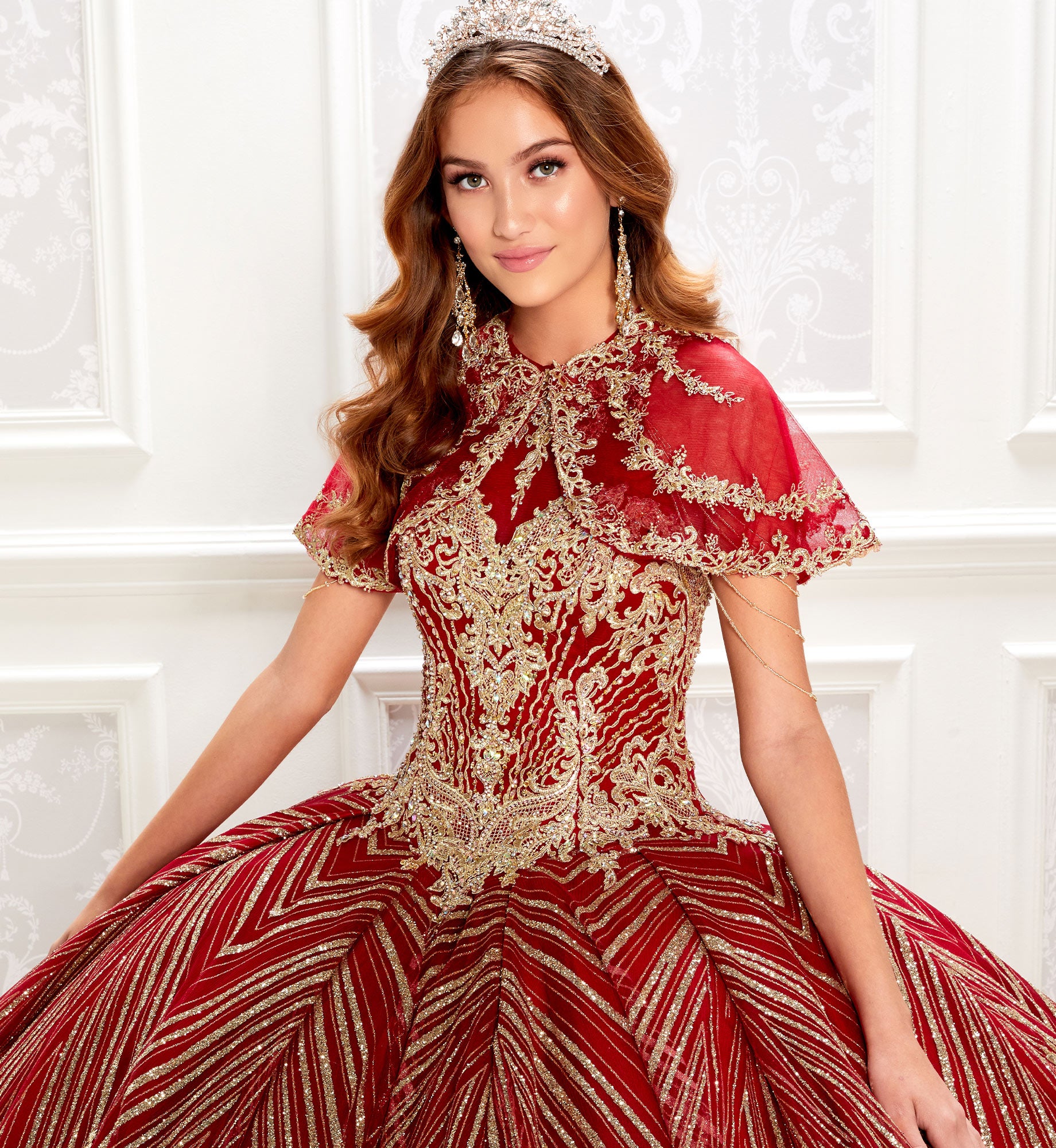 Royal maroon quinceanera dress with gold lace1