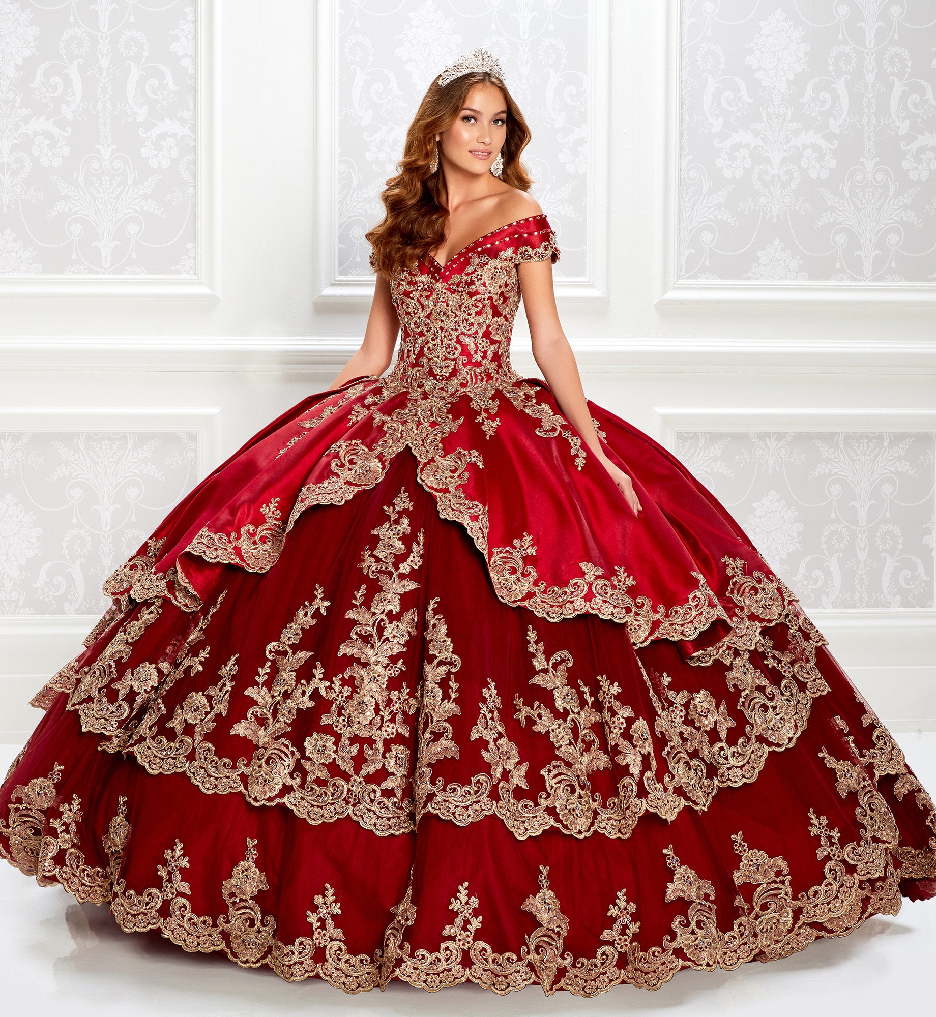 Traditional satin quinceanera dress with off the shoulder neckline