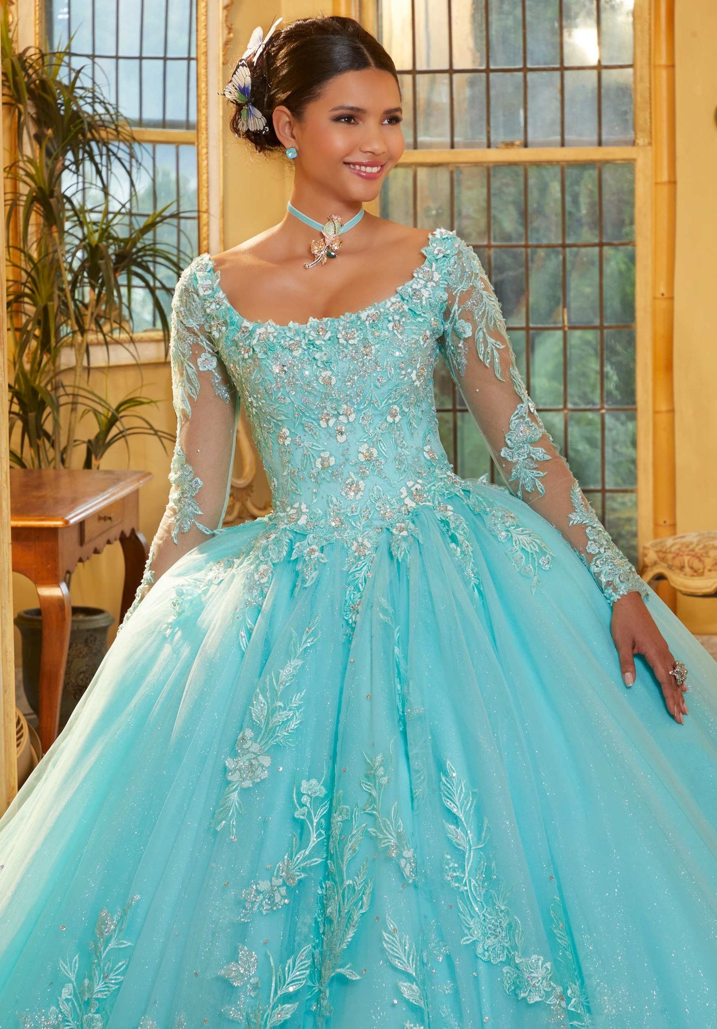 Embroidered Appliqués Quinceañera Dress with Long Sleeves