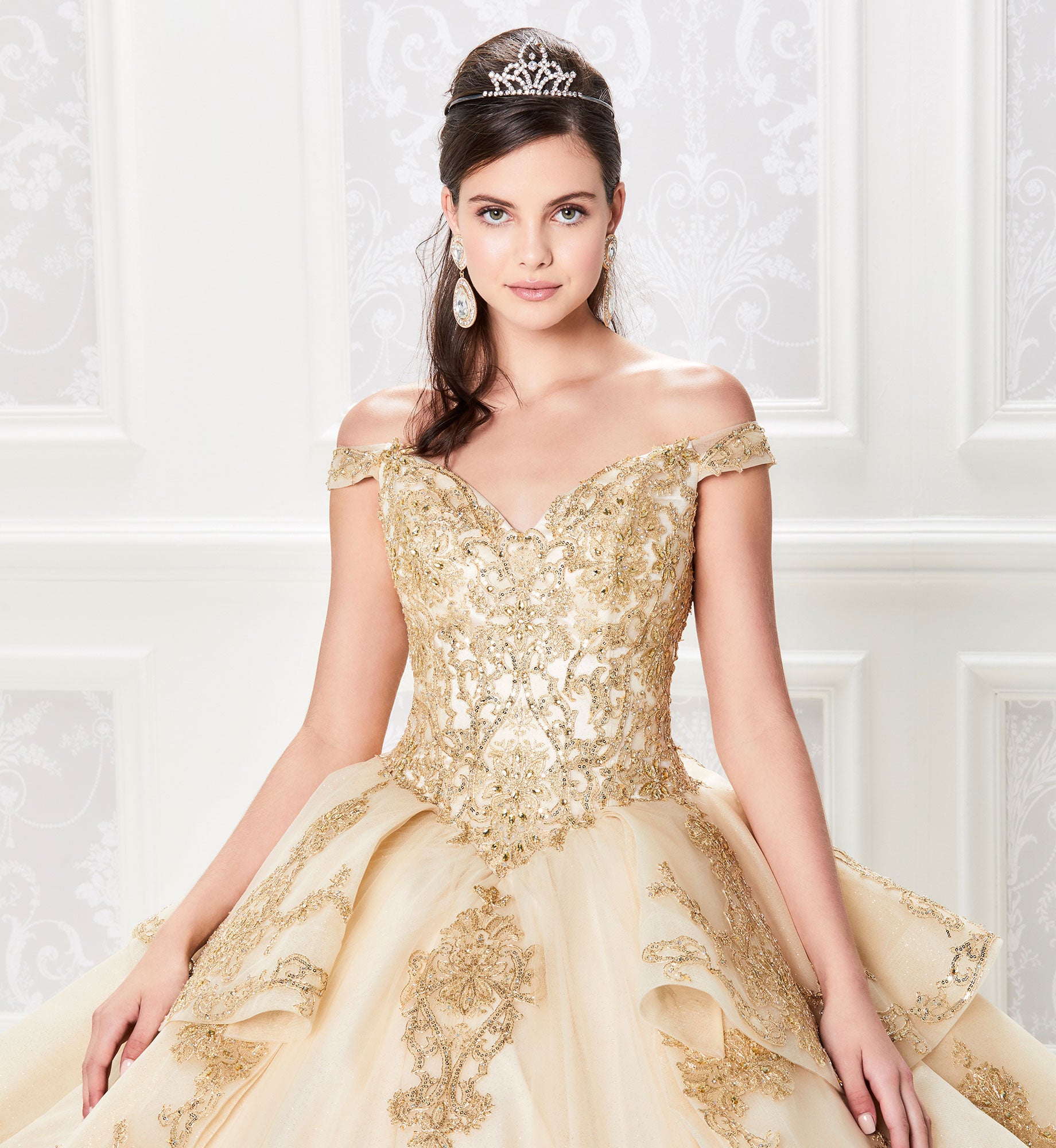 Off the shoulder quinceanera dress with cascading ruffle skirt