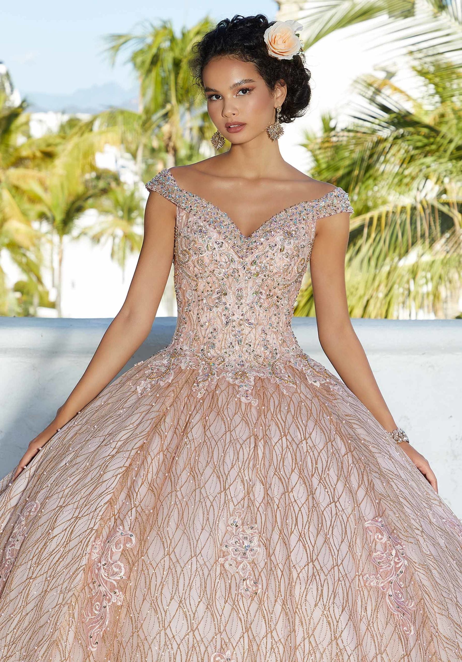 Patterned Glitter Quinceañera Dress with Cape