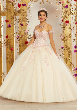 Crystal Beaded Three-Dimensional Floral Appliquéd and Embroidered Tulle Ballgown