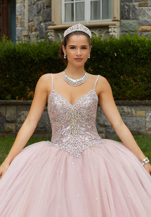 Rhinestone and Crystal Beaded Quinceañera Dress with Bow