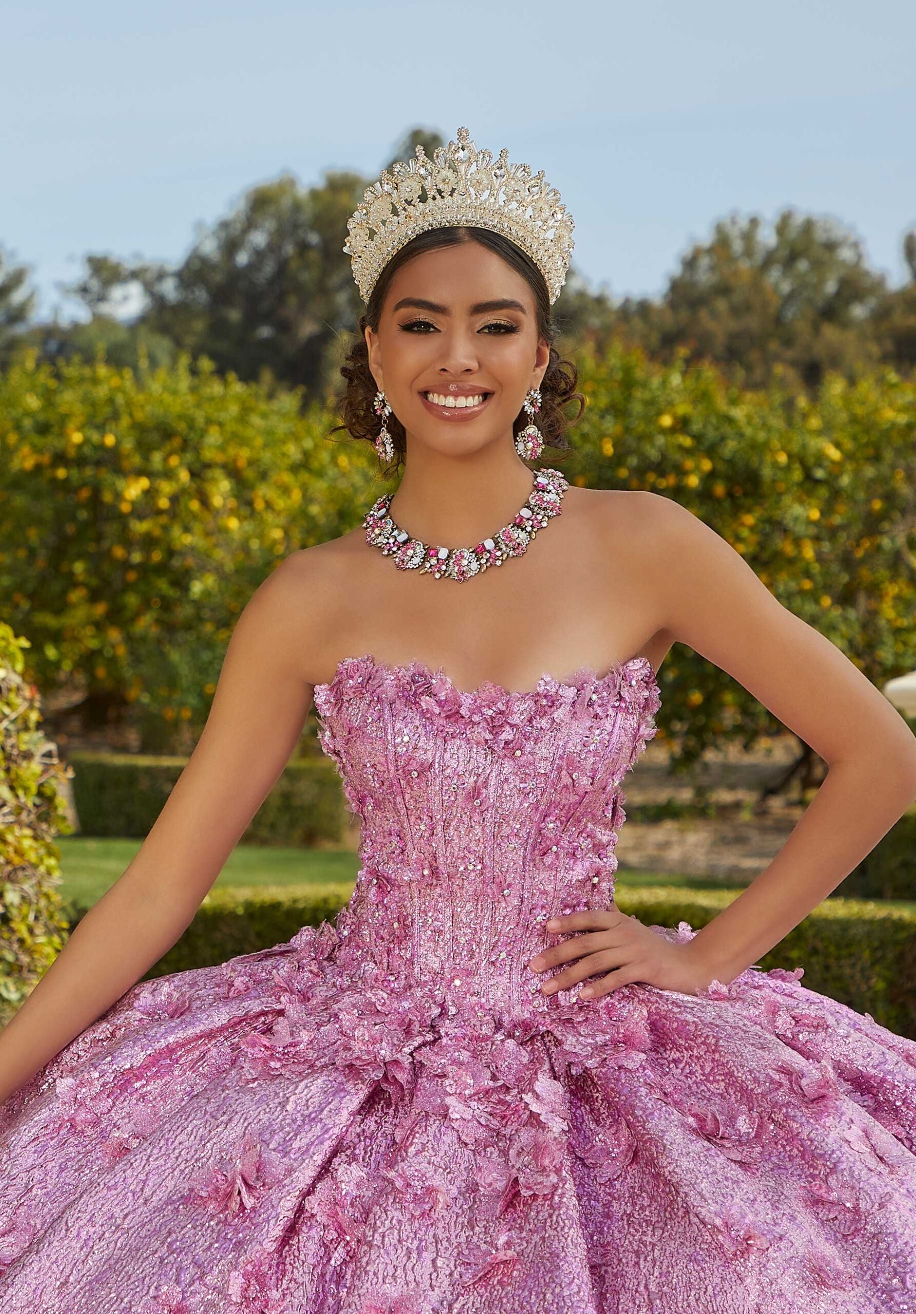 Crystal Beaded Metallic Brocade Quinceañera Dress