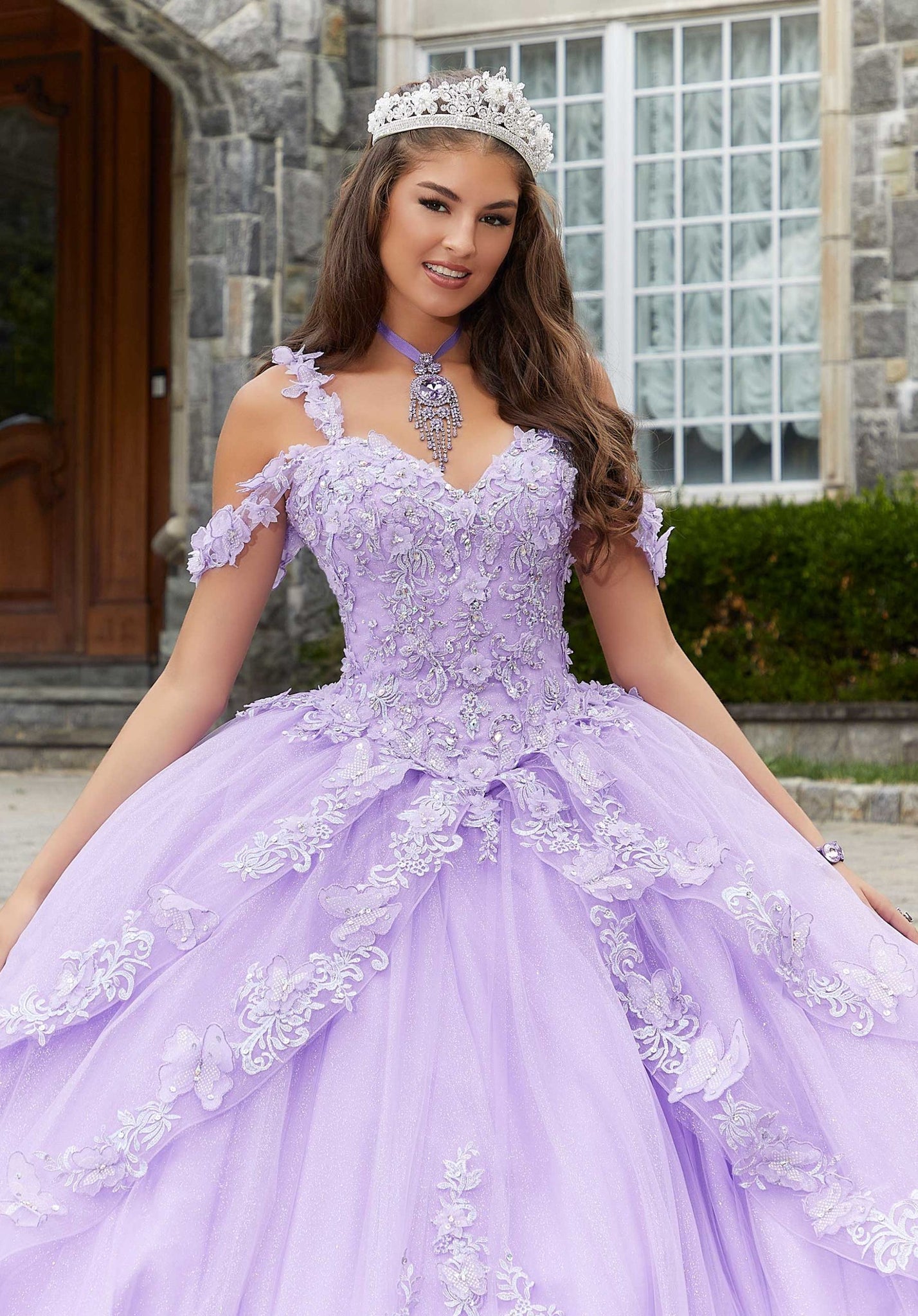 Metallic Embroidered Quinceañera Dress with Three-Dimensional Butterflies