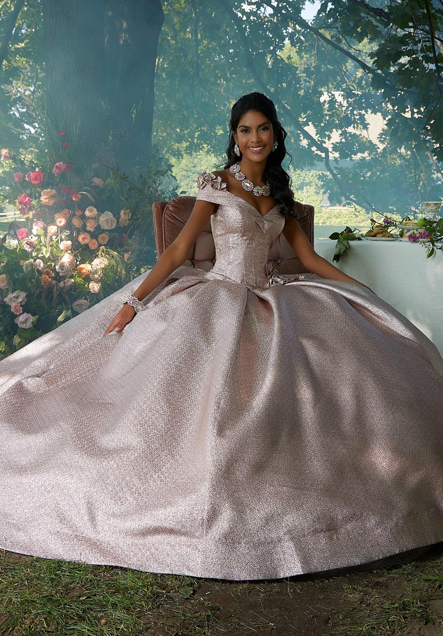 Pleated Shimmer Quinceañera Dress with Three-Dimensional Flowers