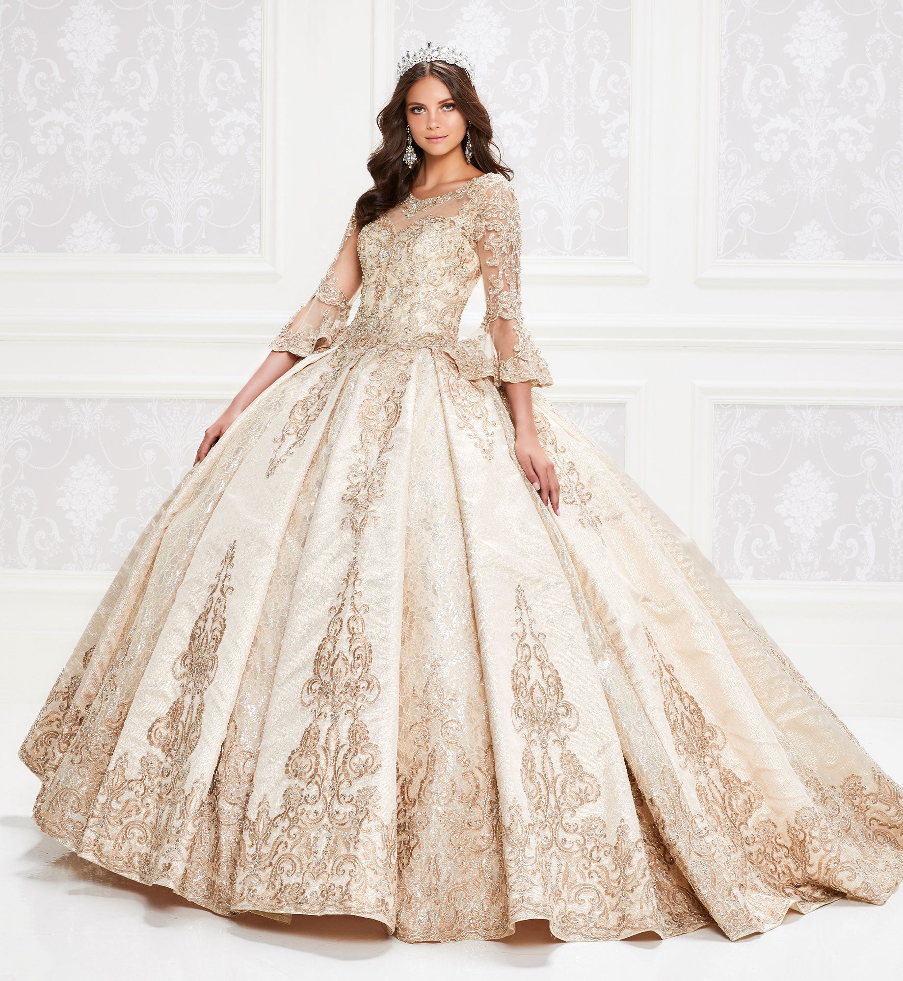Gold quinceanera dress with 3/4-length sleeves Elegant Bride and Quinceanera Gold quinceanera dress with 3/4-length sleeves Elegant Bride and Quinceanera