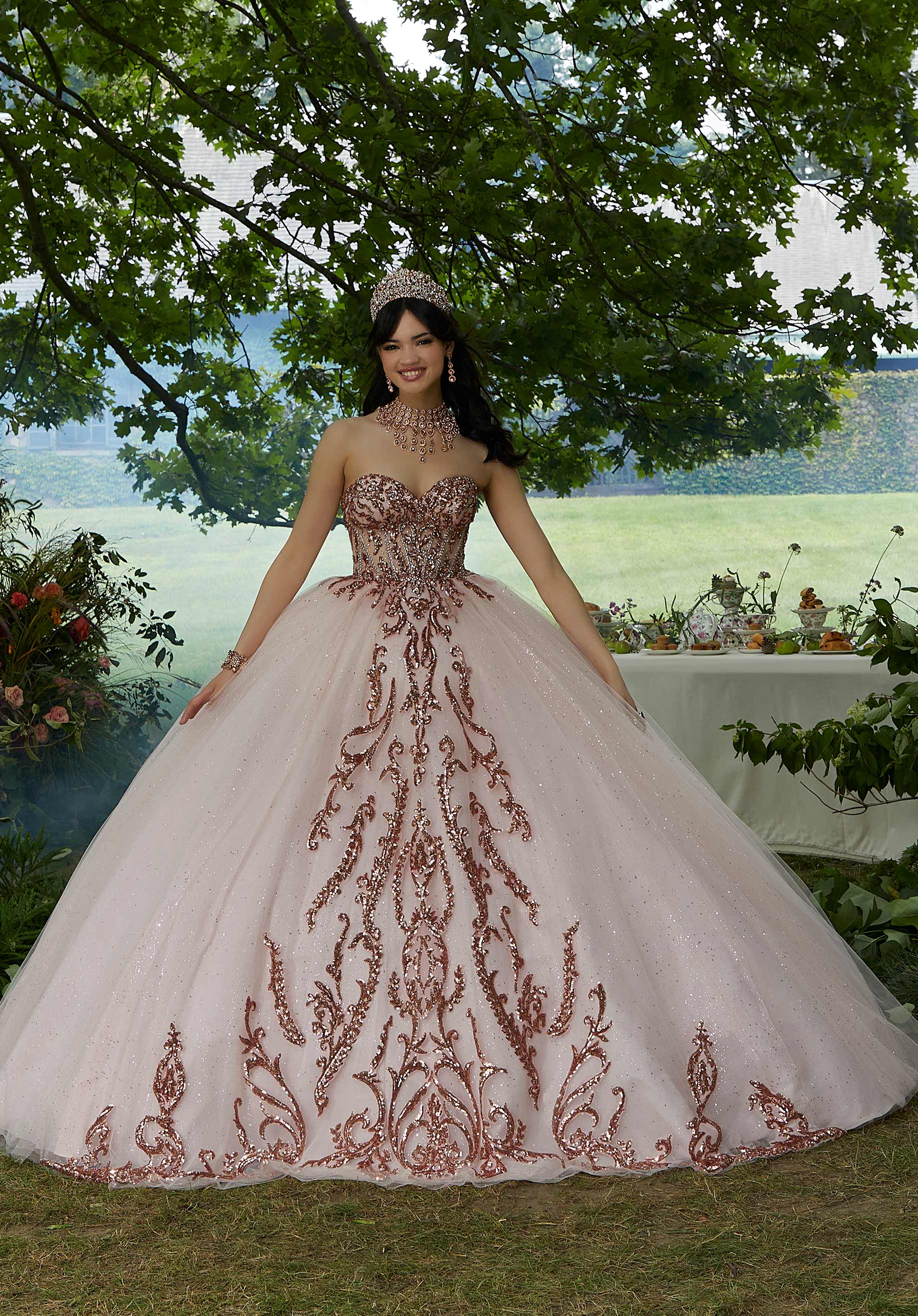 Pattern Sequin Rhinestone and Crystal Beaded Quicneañera Dress