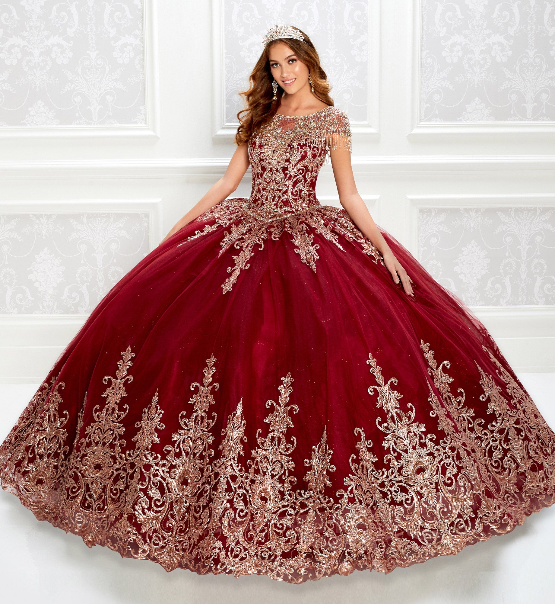 Beautiful quinceanera dress with jewel neckline and beaded fringe