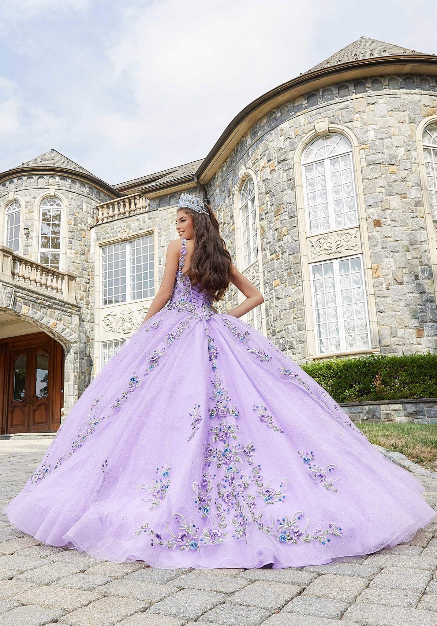 Crystal Beaded Contrasting Floral Embroidered Quinceañera Dress