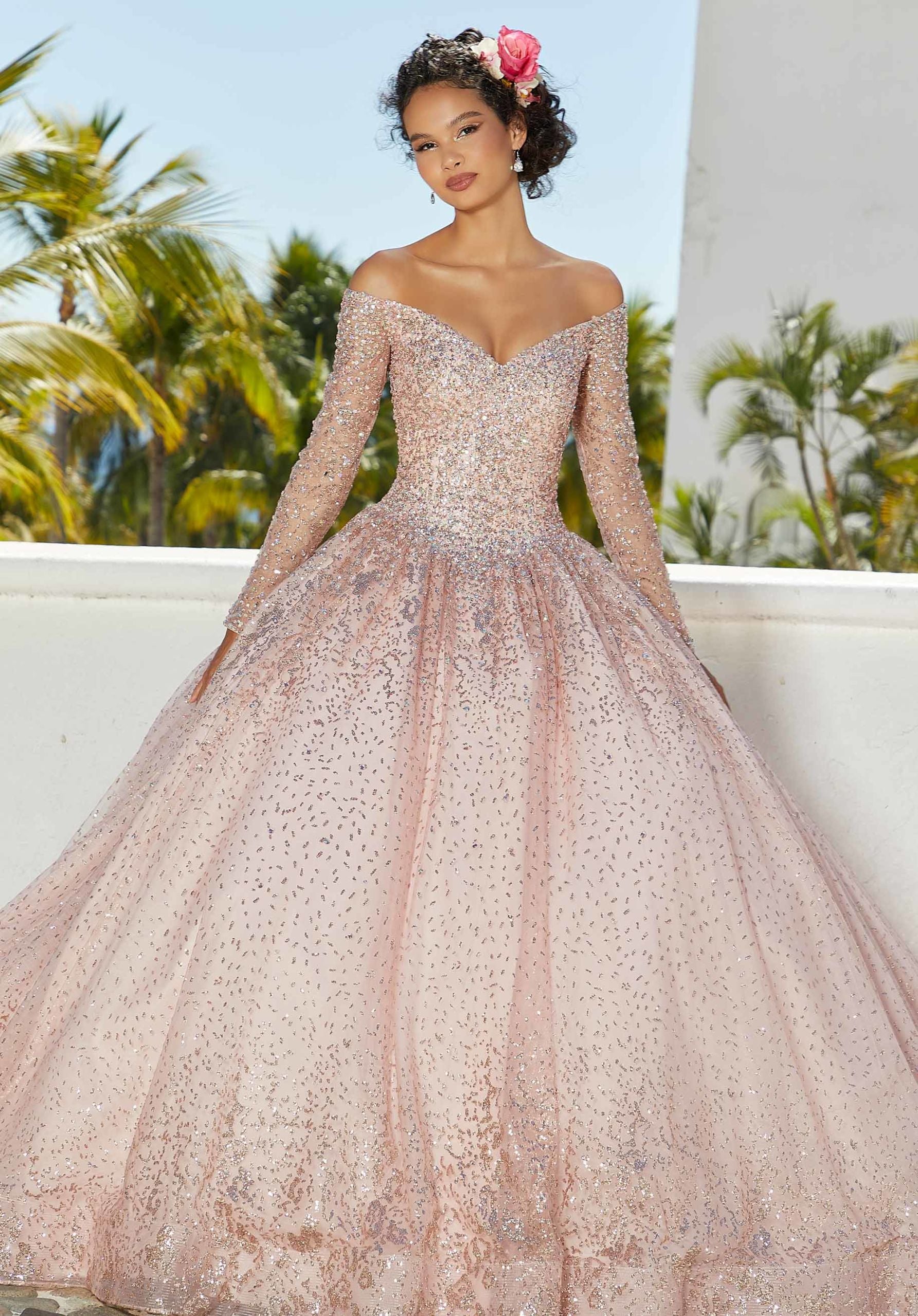 Patterned Glitter Net Quinceñera Dress