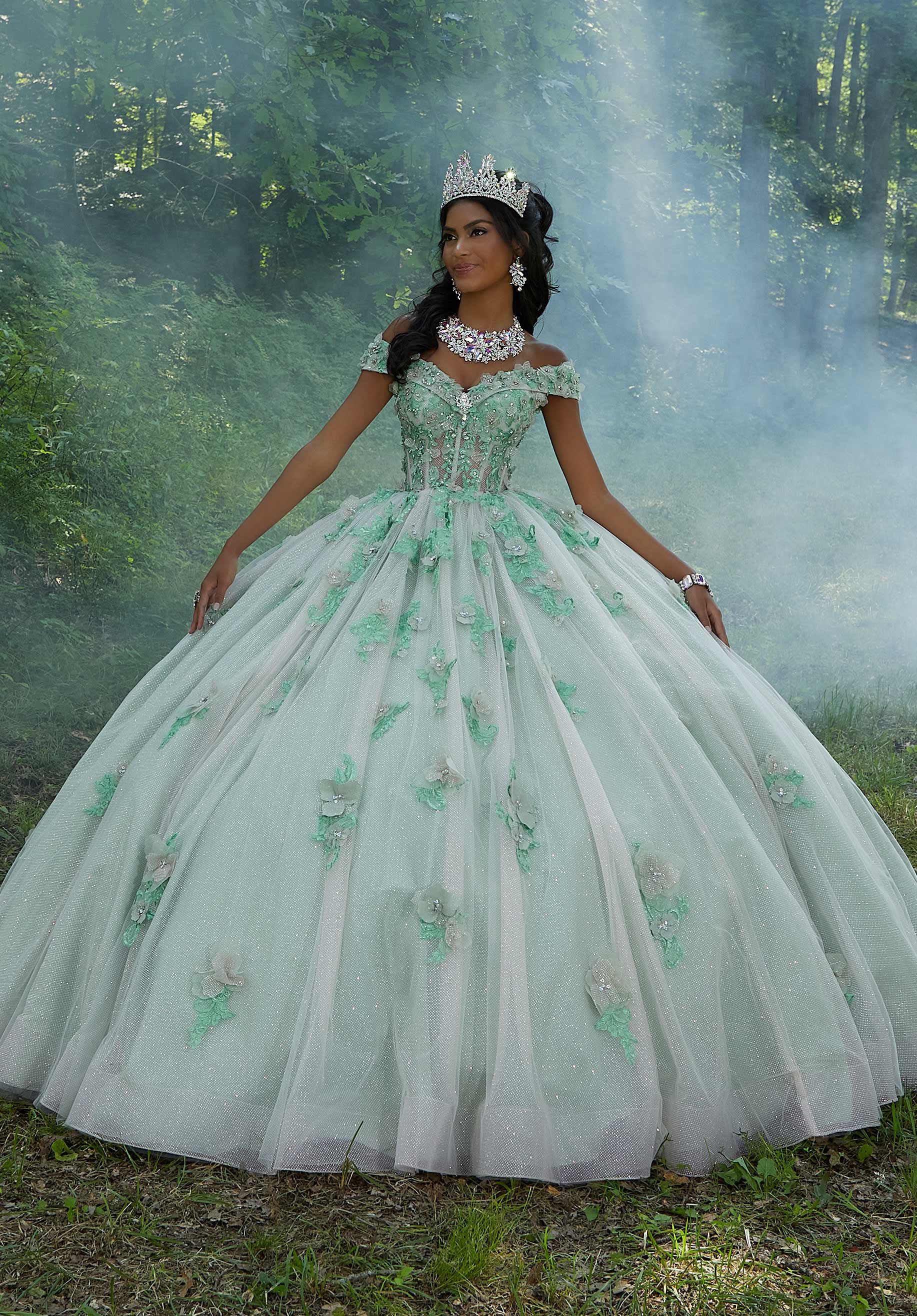 Rhinestone and Three-dimensional Floral Embroidered Quinceañera Dress