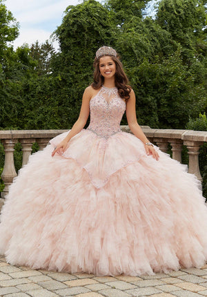 Glitter Net Halter Neck Quinceañera Dress