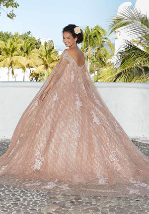Patterned Glitter Quinceañera Dress with Cape