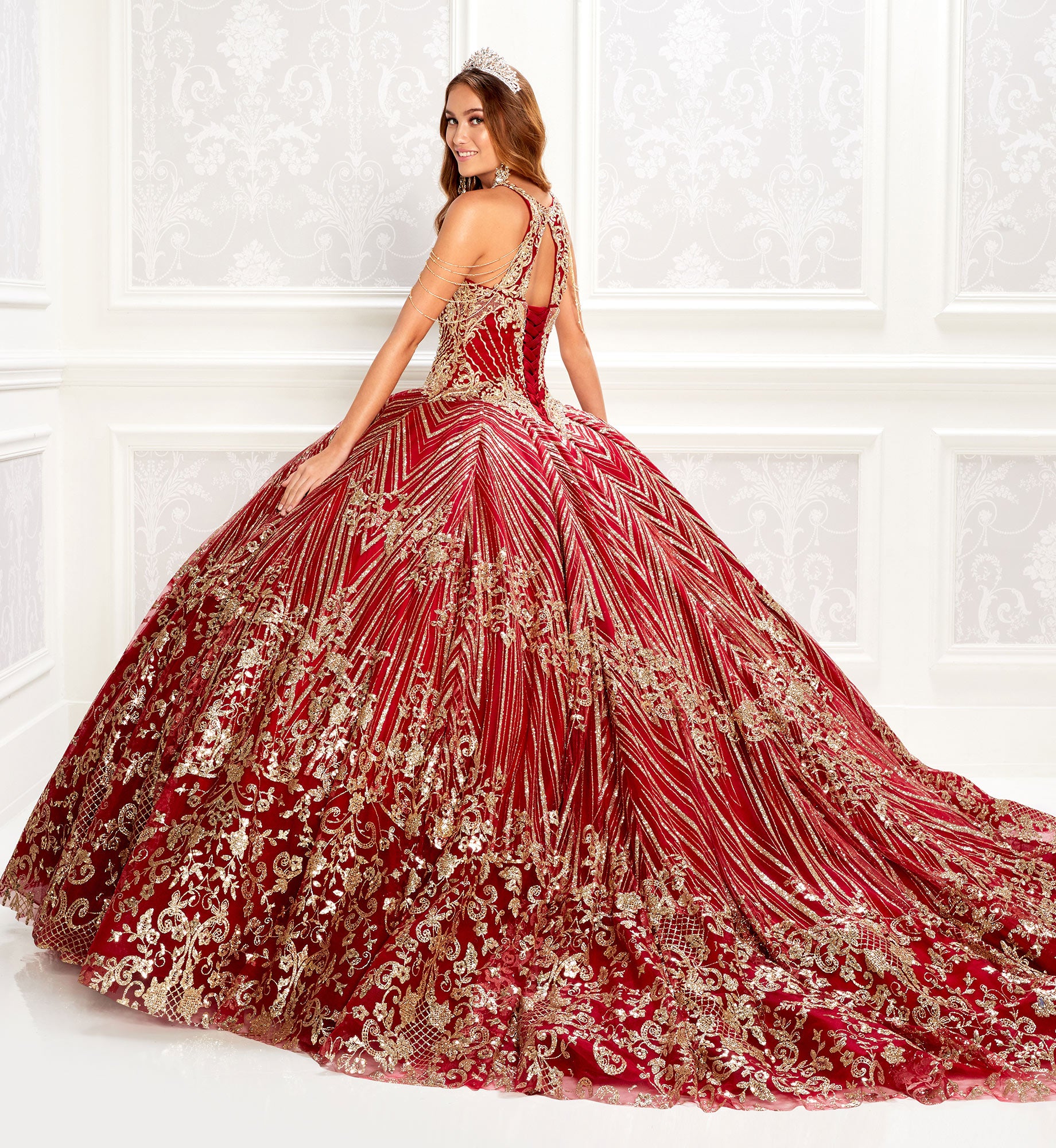 Royal maroon quinceanera dress with gold lace