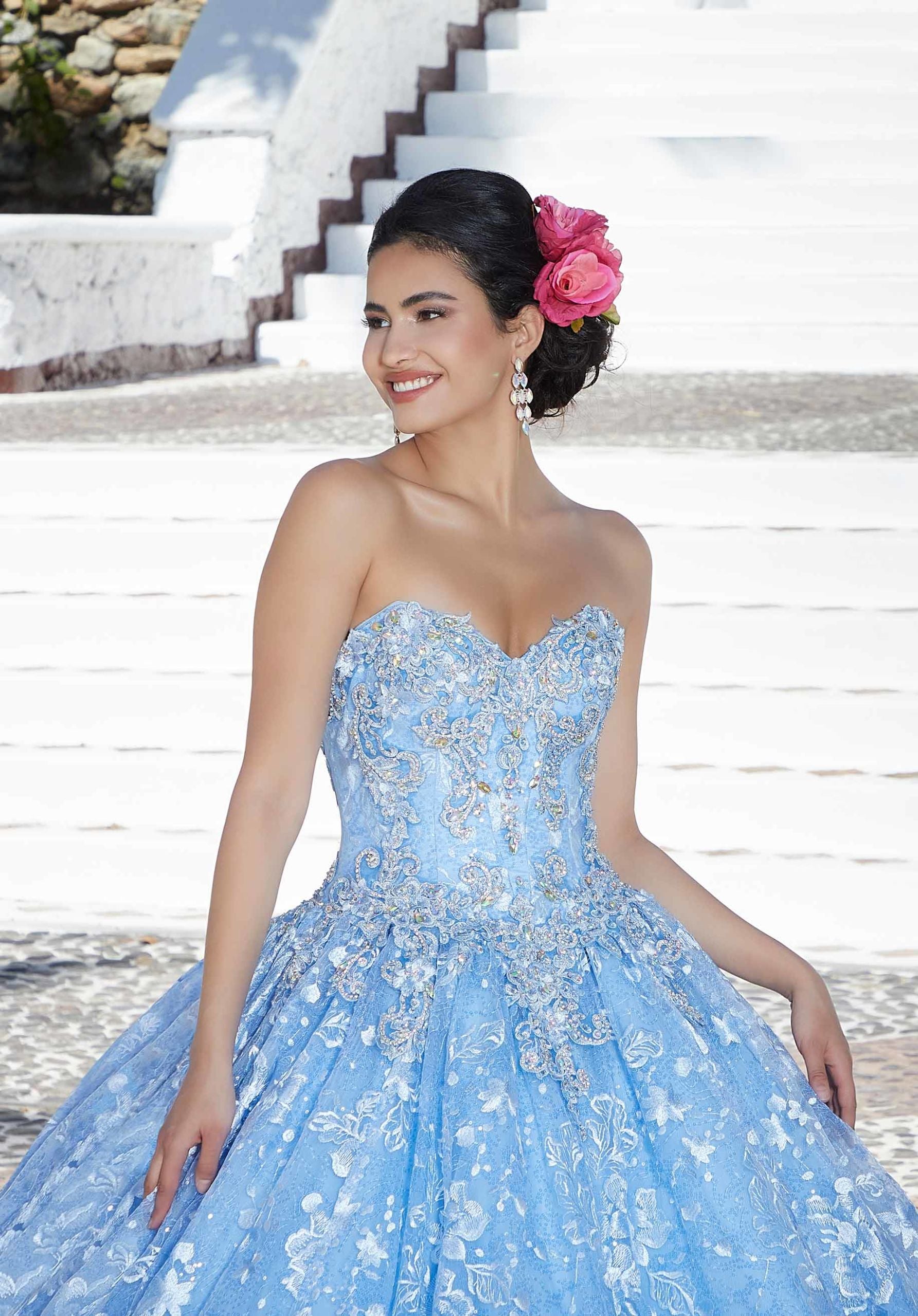 Allover Sequin Embroidered Quinceañera Dress with Three-Dimensional Floral Embroidery