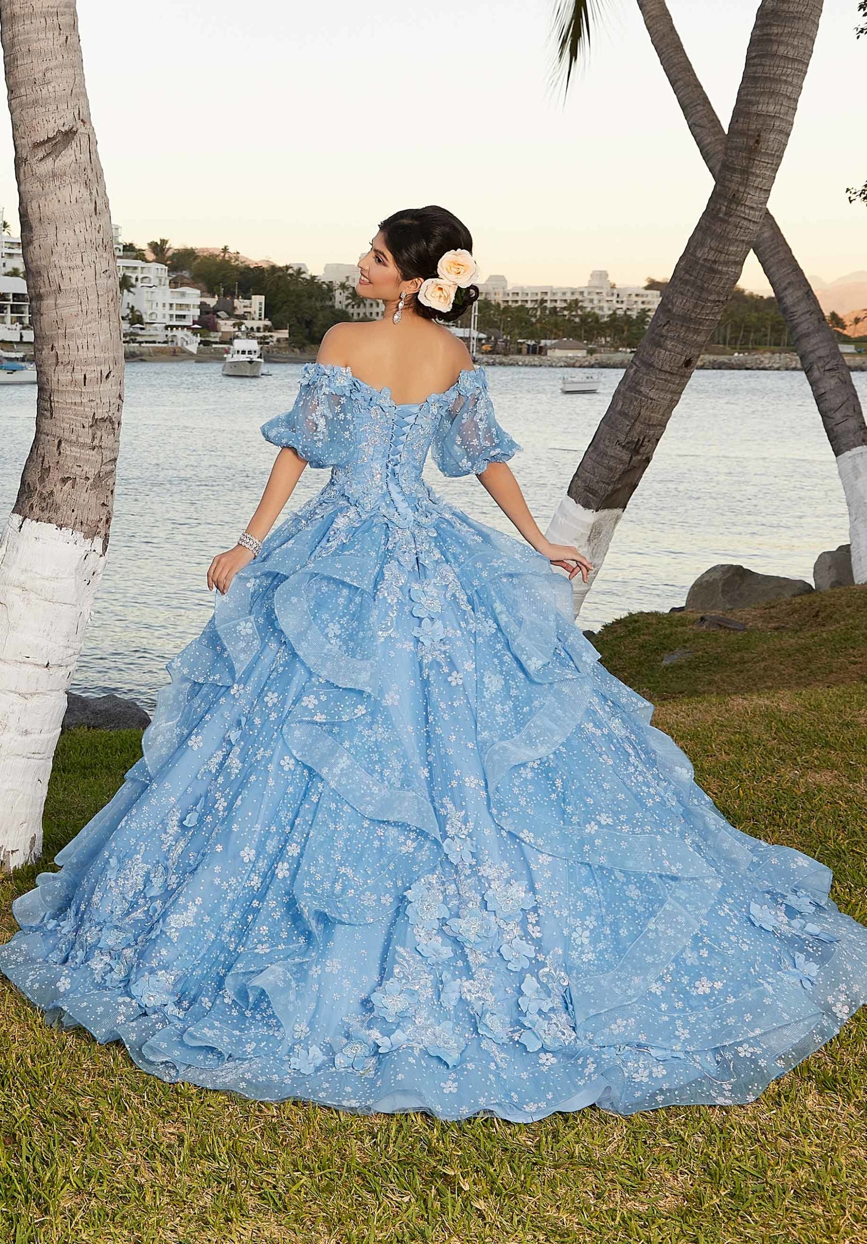 Floral Patterned Glitter Net Quinceañera Dress