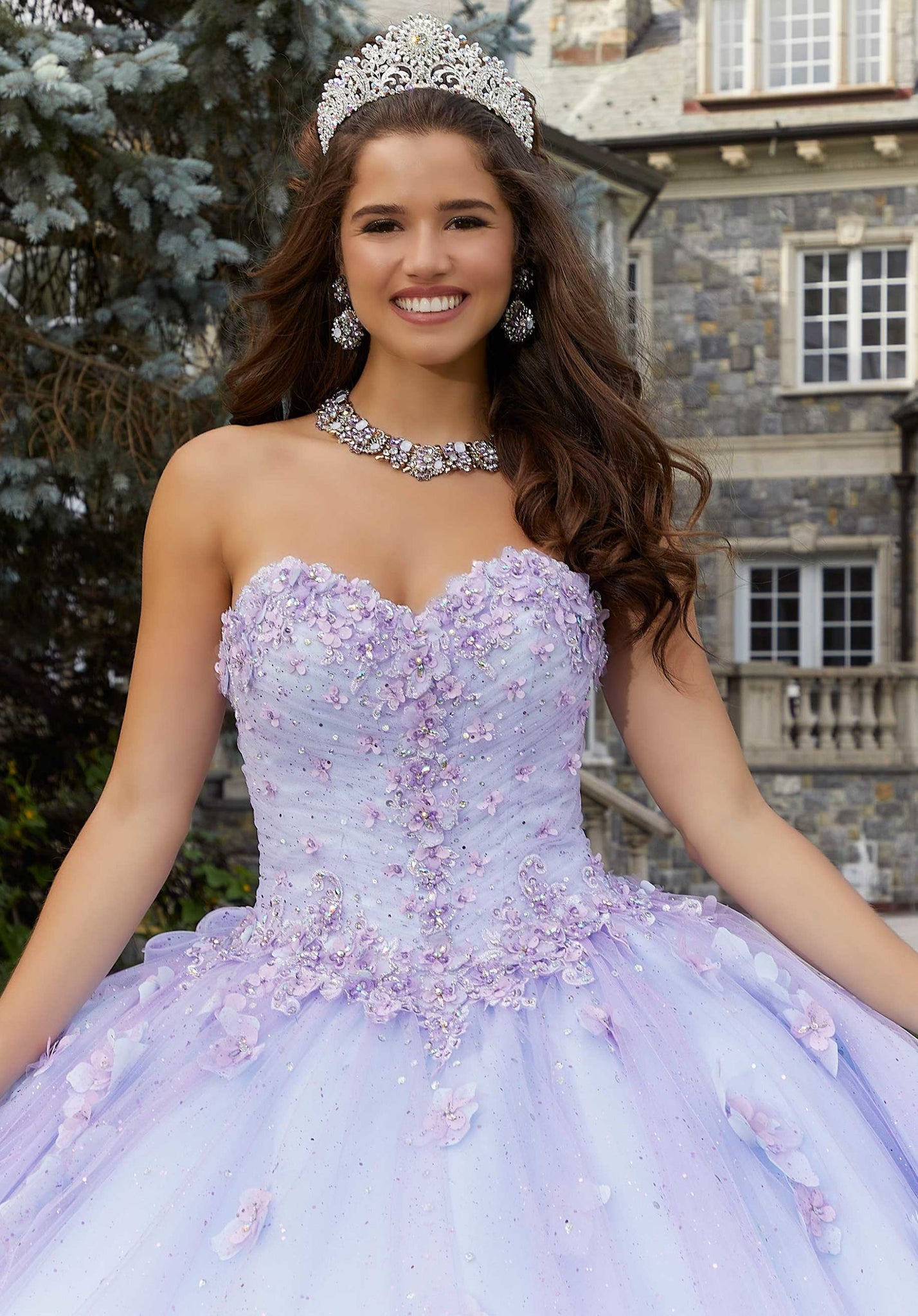 Glitter Tulle Quinceañera Dress with Three-Dimensional Floral Appliqués