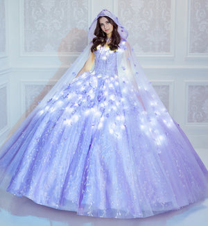 Ethereal light-up quinceanera dress with 3D flowers