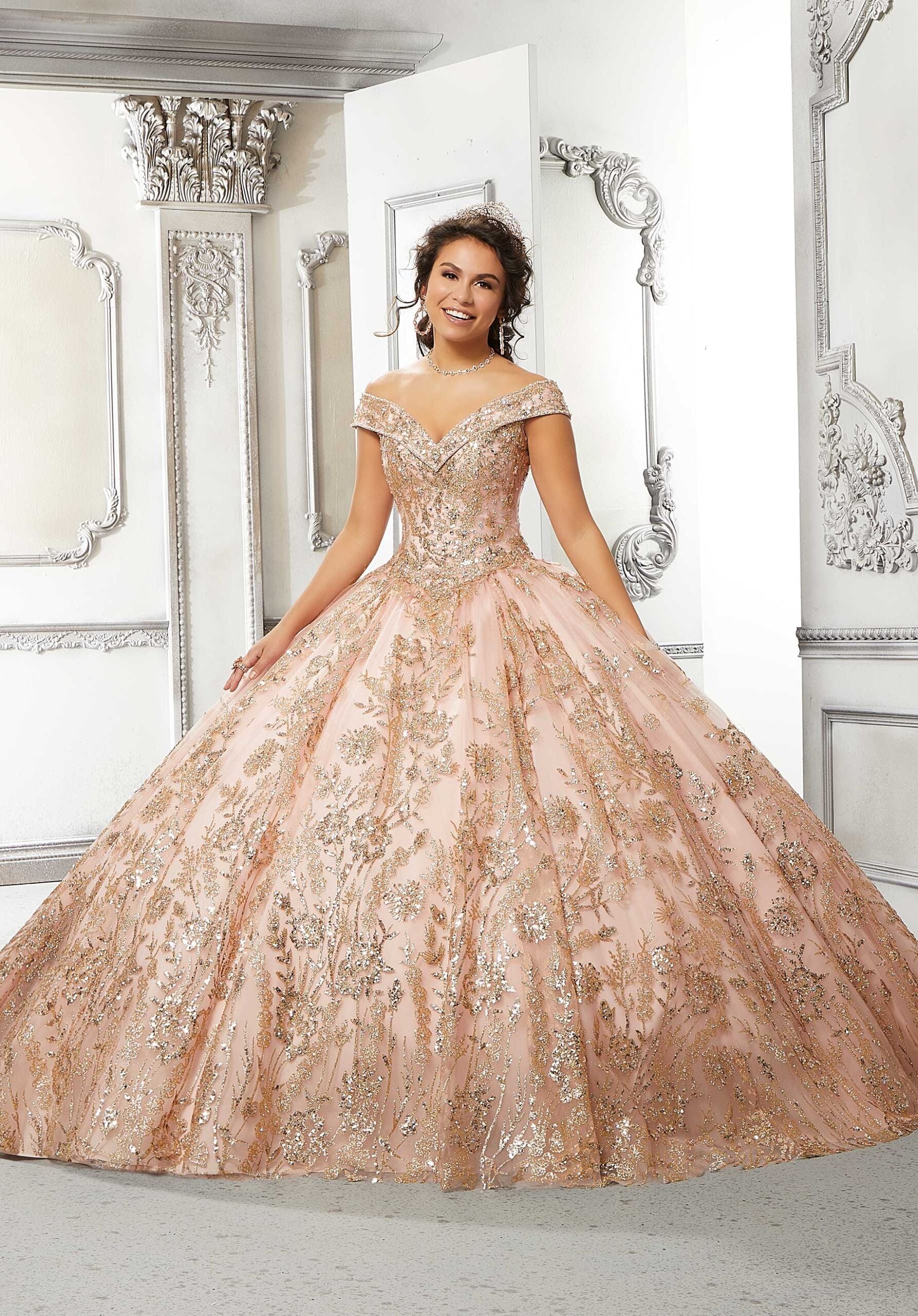 Floral Patterned Glitter Tulle Quinceañera Dress