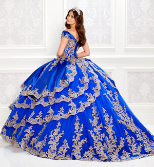 Traditional satin quinceanera dress with off the shoulder neckline