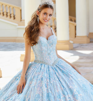 Bright quinceanera dress with lace and sequin embroidery