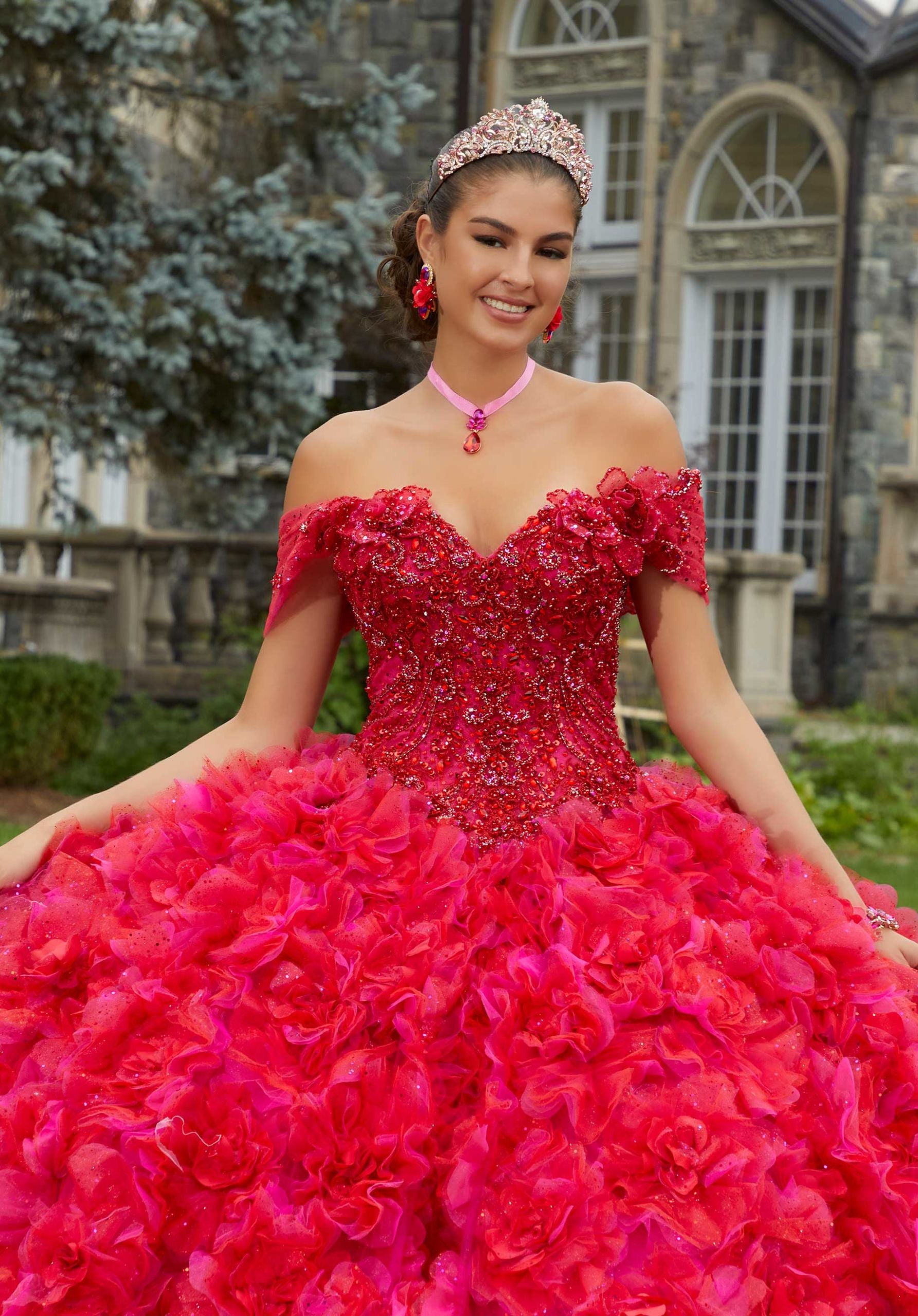 Three-Dimensional Floral Lace Quinceañera Dress with Floral Skirt