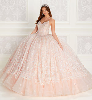 Glitter tulle quinceanera dress with beaded bodice, all-over embroidery, and detachable straps