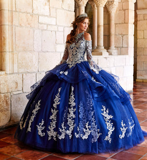 Gold quinceanera dress with illusion lace long sleeves and ruffle skirt