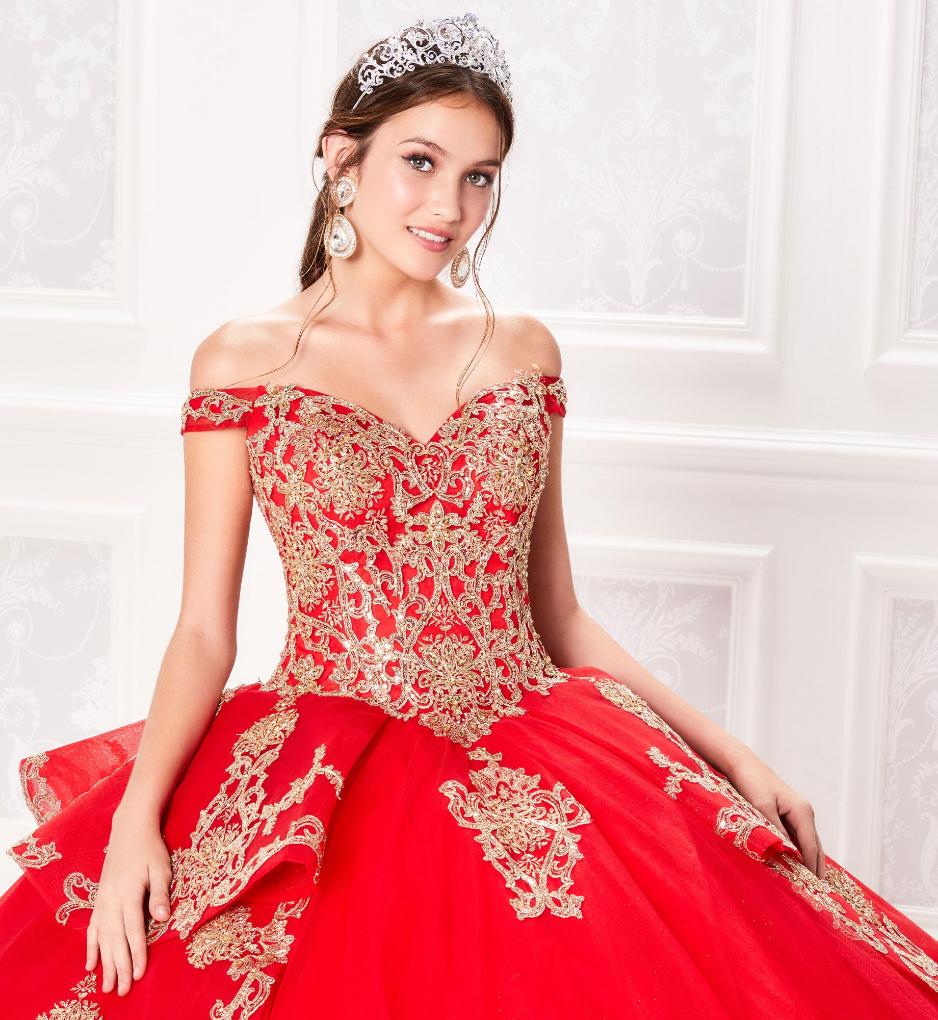 Off the shoulder quinceanera dress with cascading ruffle skirt