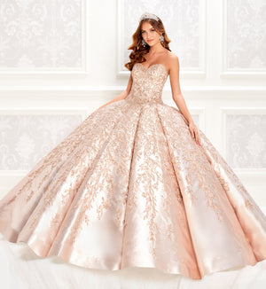 Shimmering rose gold quinceanera dress with strapless sweetheart neckline