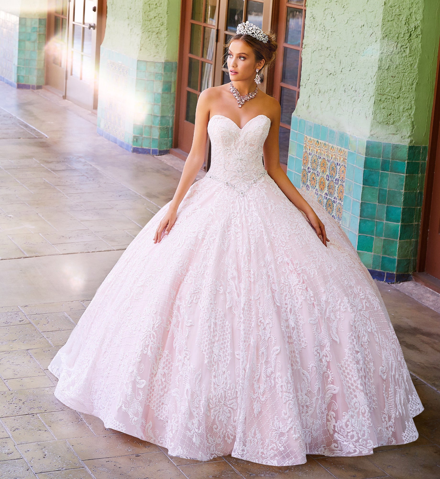 Pastel quinceanera dress with cracked ice details and pockets