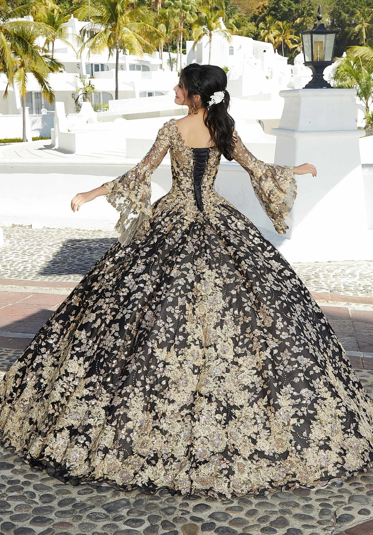 Floral Patterned Sequin Glitter Tulle Quinceañera Dress