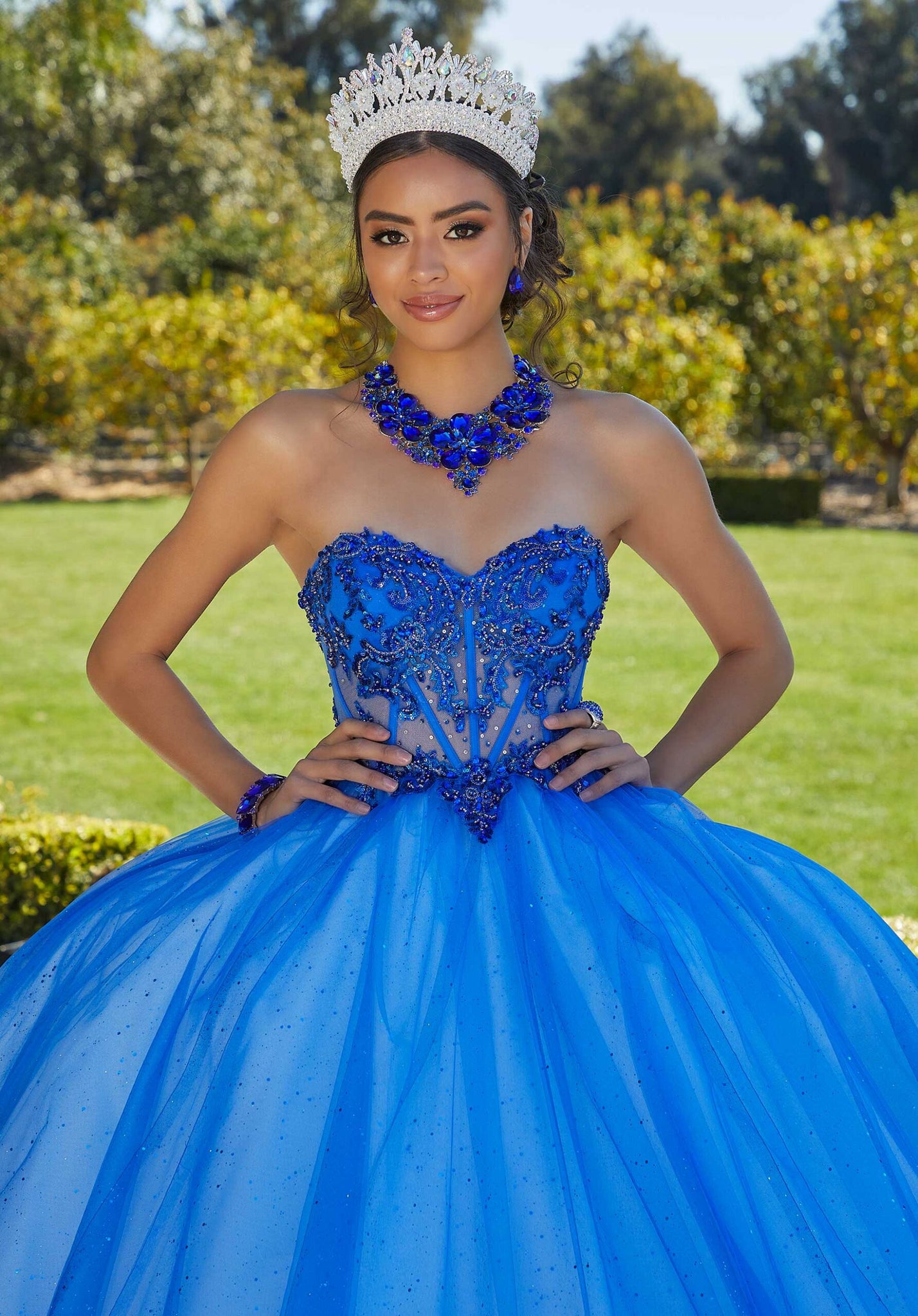 Rhinestone and Crystal Beaded Quinceañera Dress with Sheer Bodice