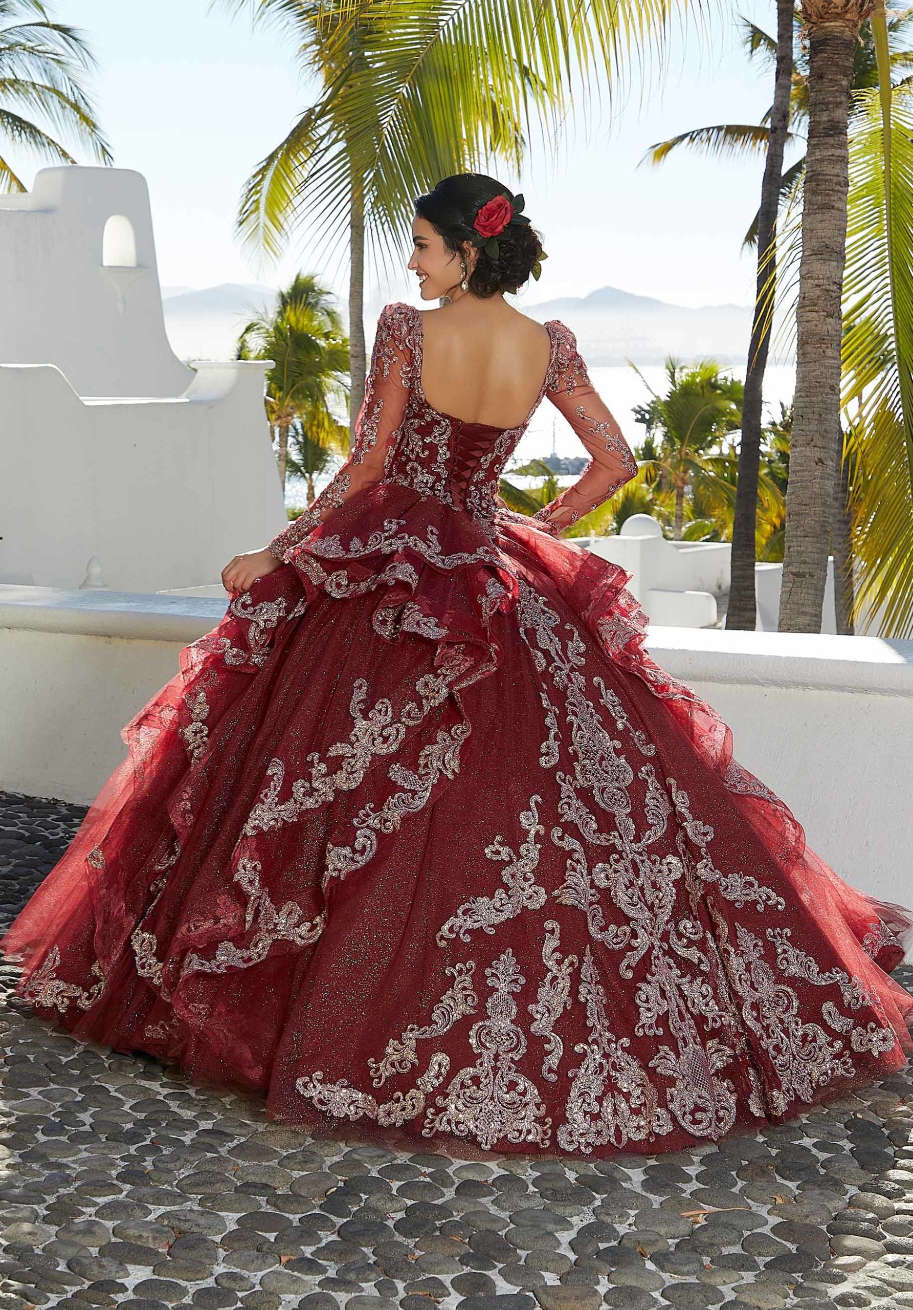 Flounced Glitter Embroidered Quinceañera Dress