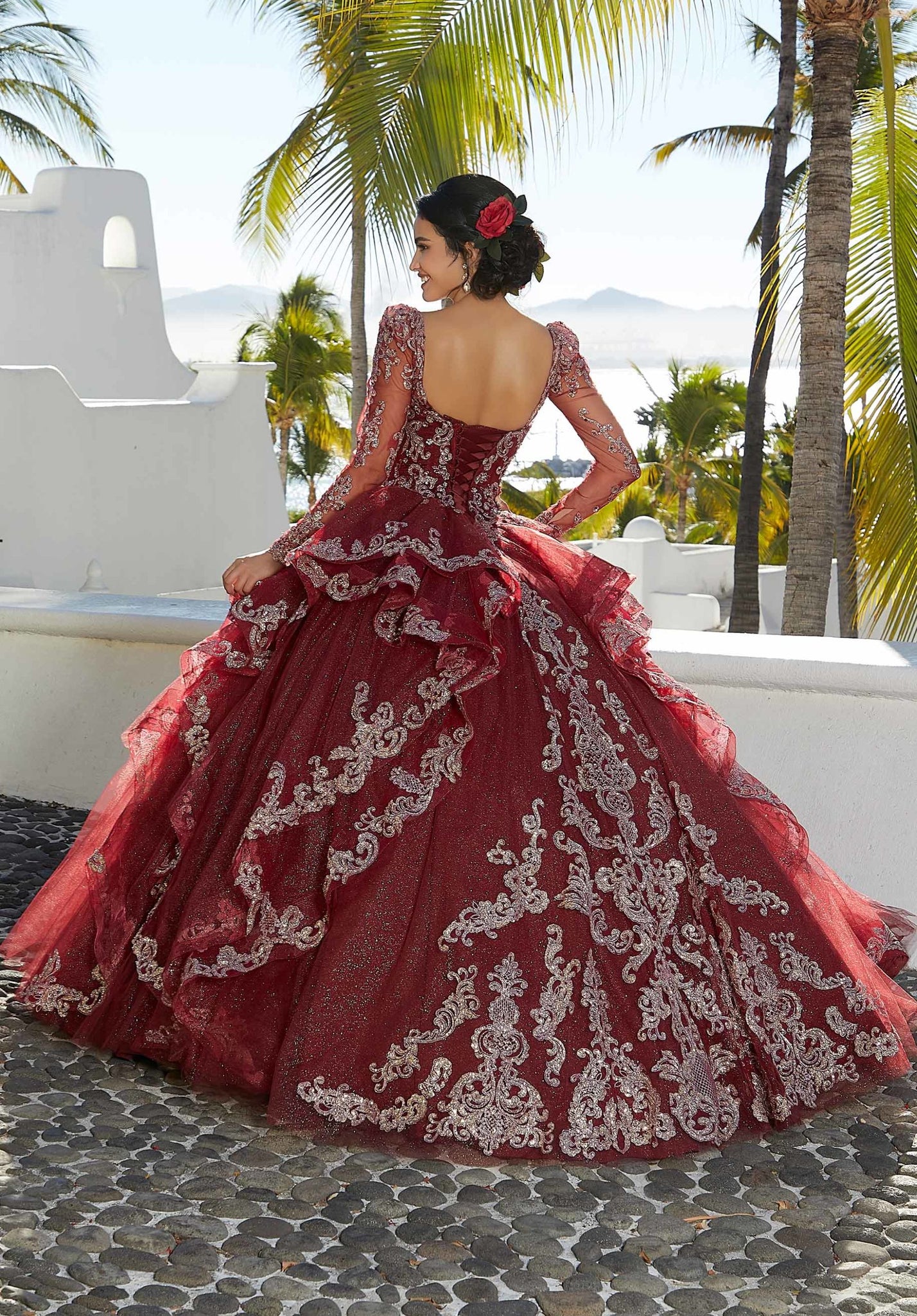 Flounced Glitter Embroidered Quinceañera Dress