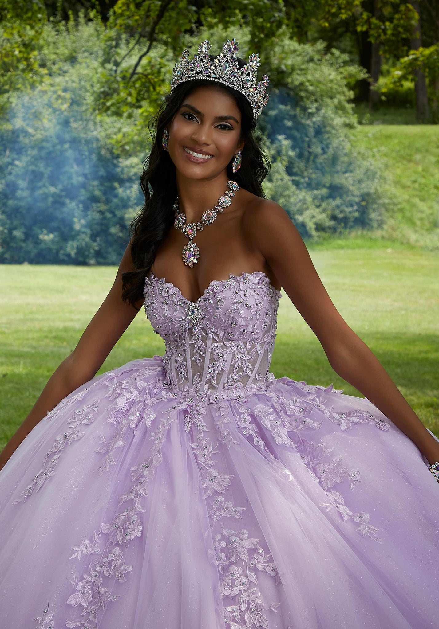 Crystal Beaded Lace Sheer Bodice Quinceañera Dress